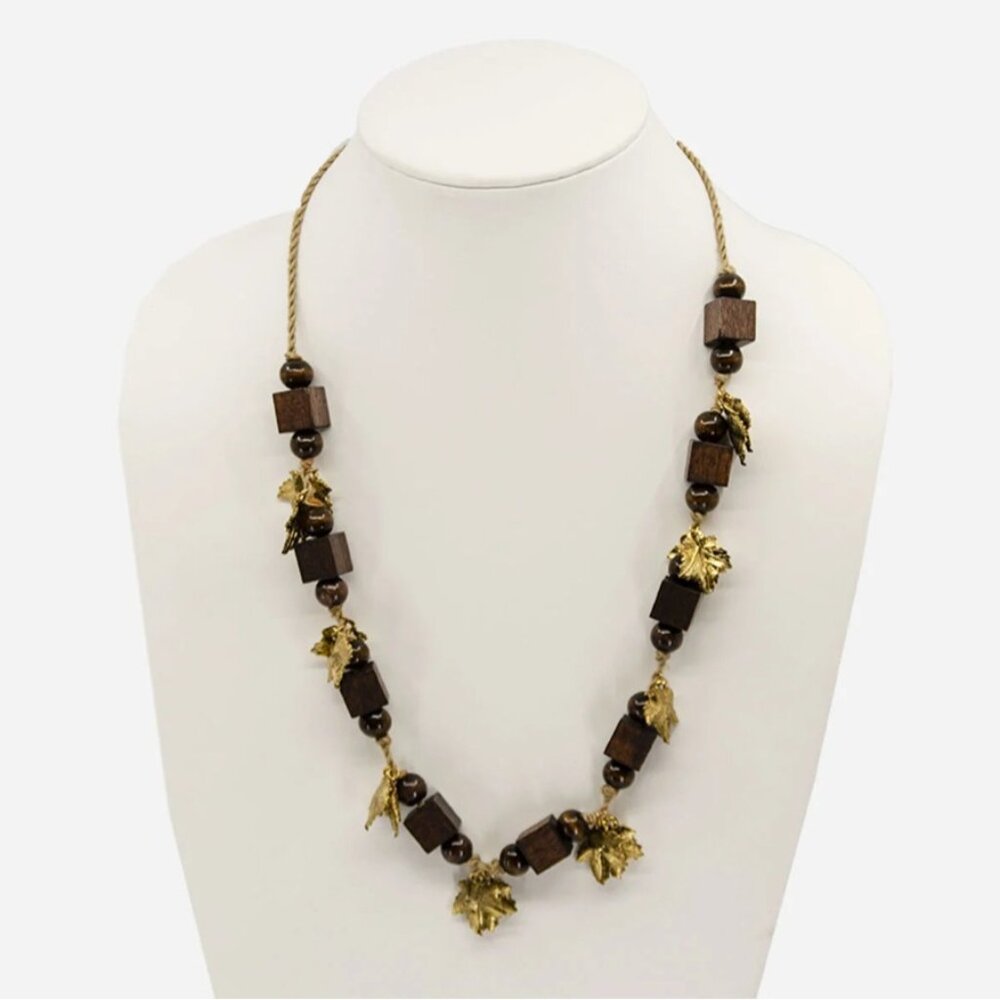 Yves Saint Laurent YSL Vintage Wooden Beaded Necklace Gilt Gold Leaves Silk Cord